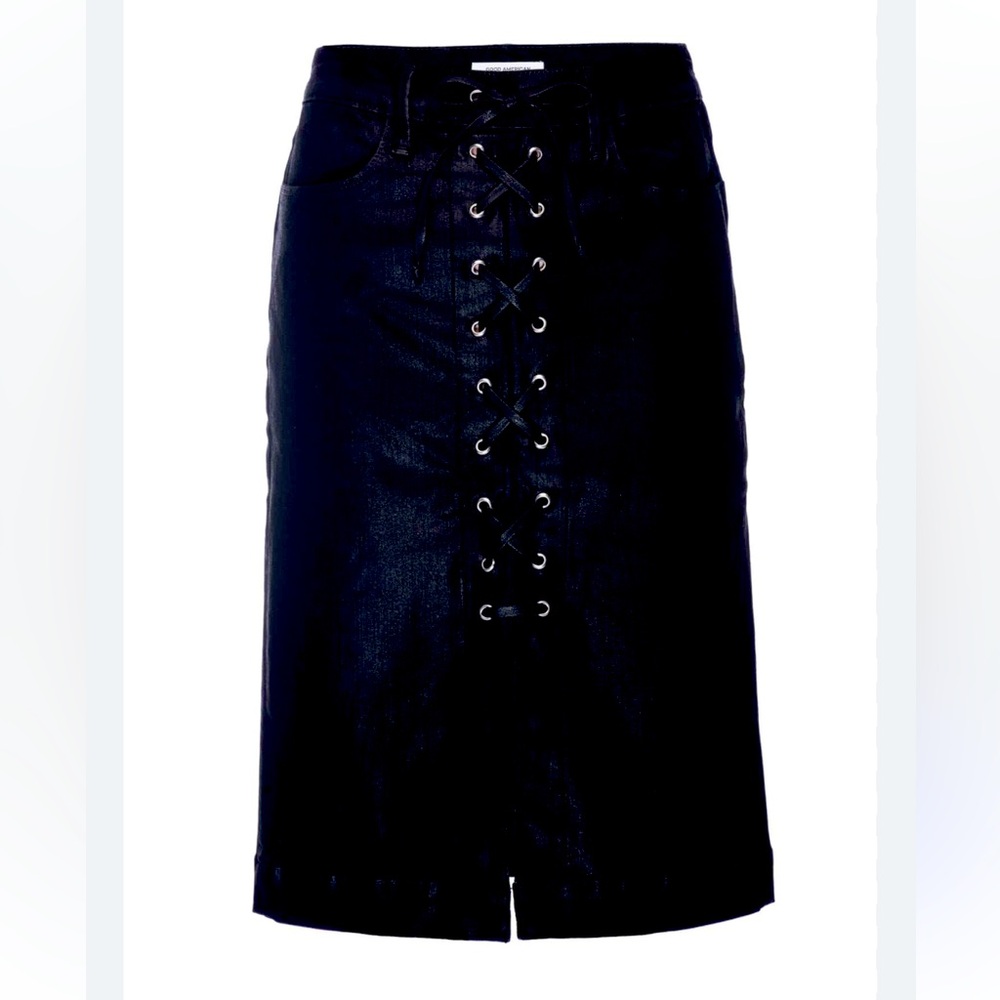 Good American Lace-up Black Coated Stretch Denim Pencil Skirt.  Size 8/29.